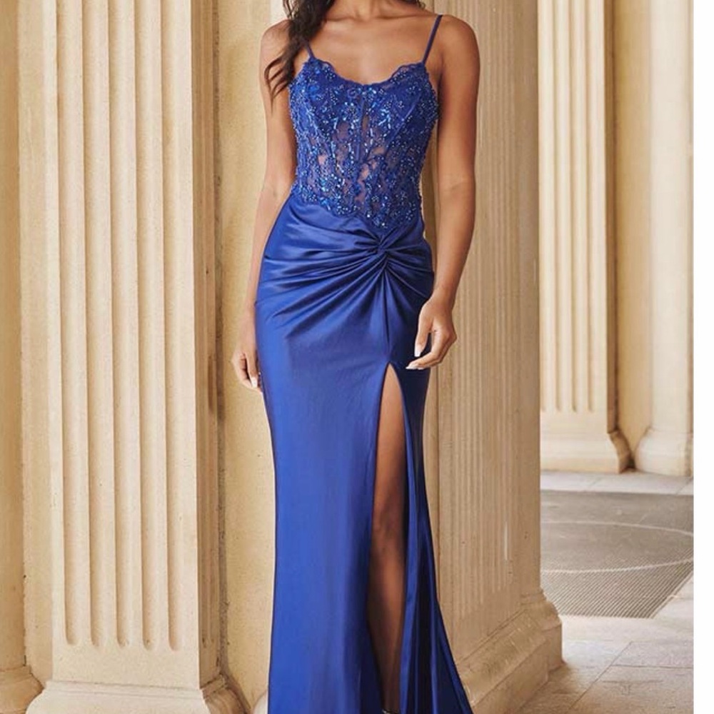 Navy Blue Lace Detail Prom Dress